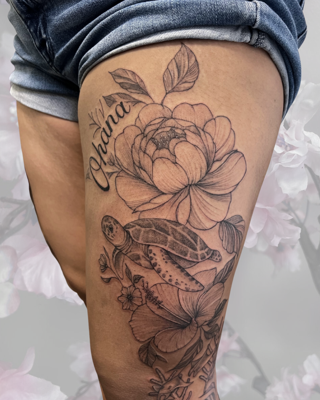 Ohana floral and sea turtle thigh piece