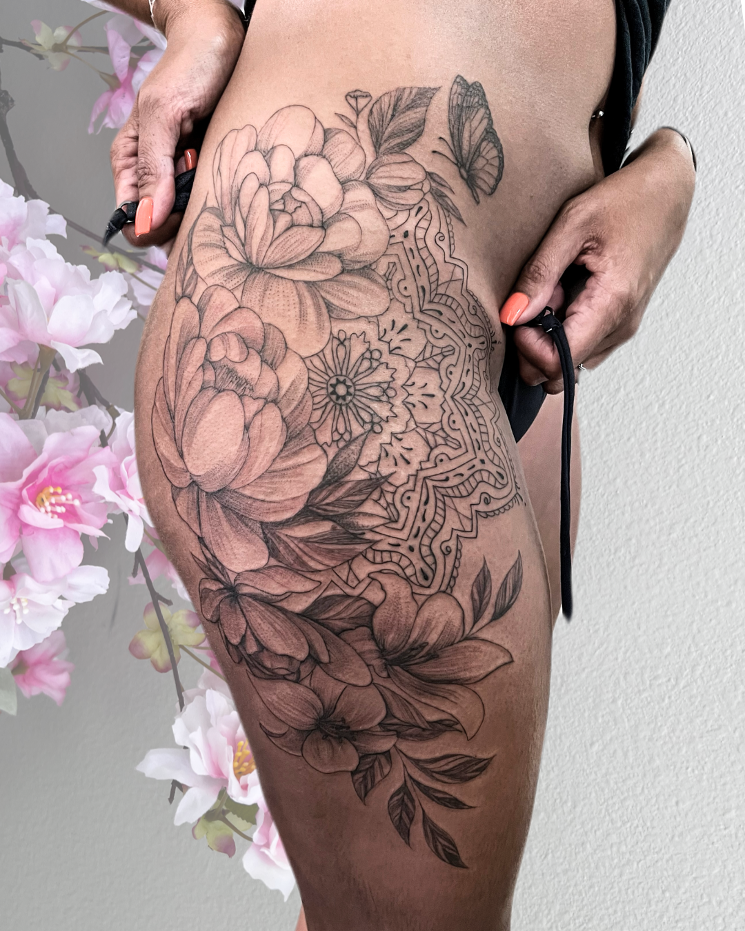 Floral and mandala hip piece with butterfly