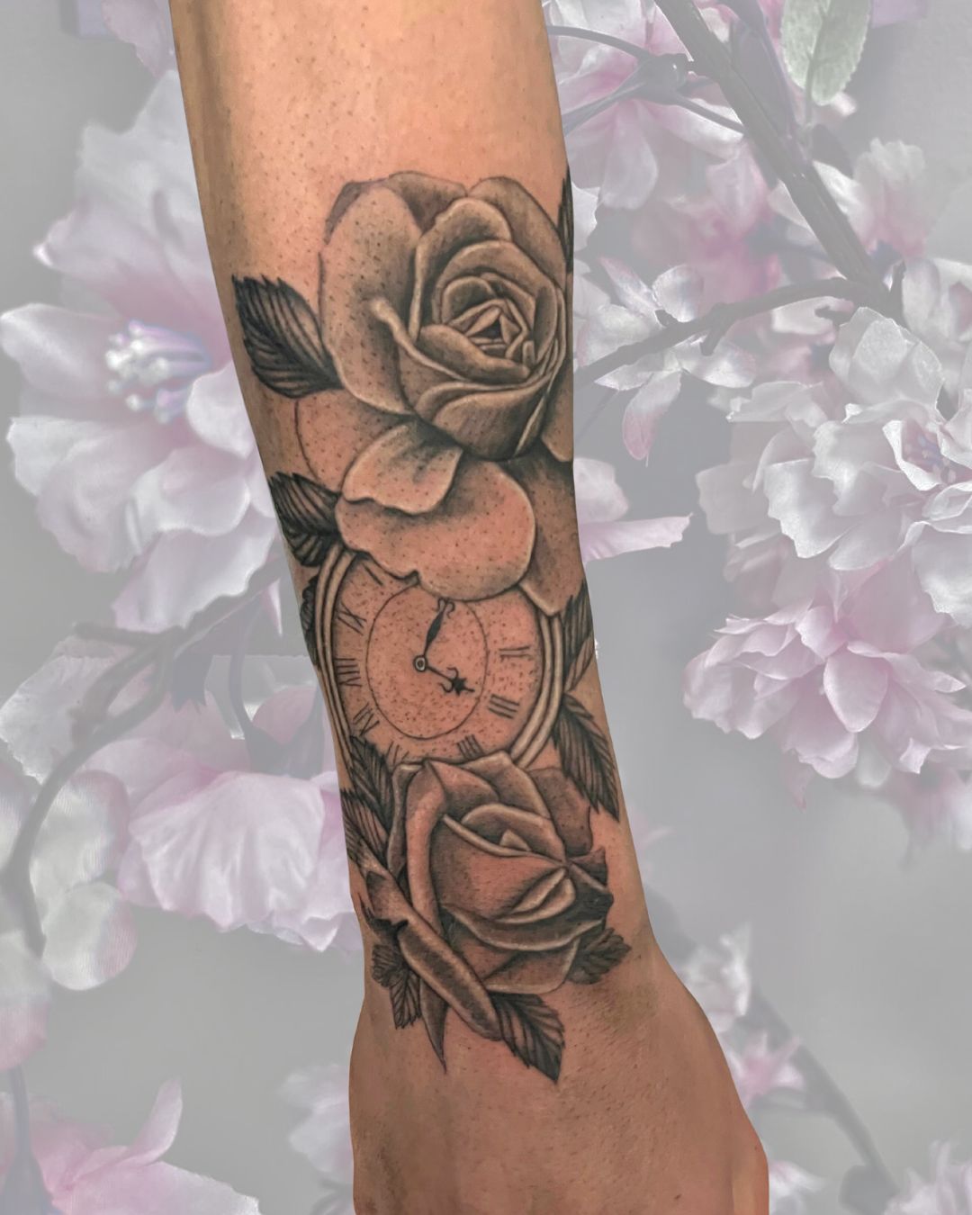 Black and grey roses with pocket watch forearm piece