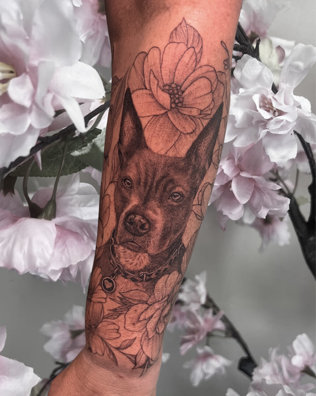 Pet portrait of a dog with floral fine line frame